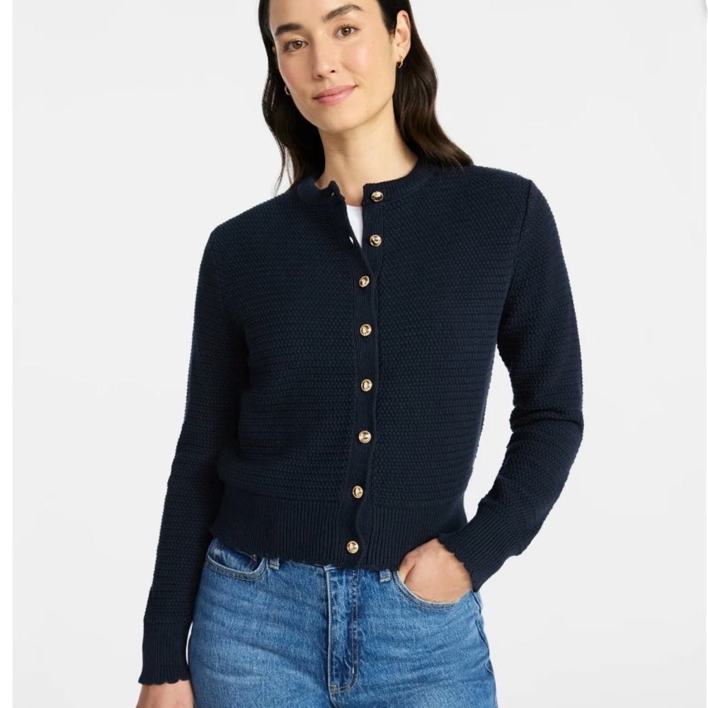 Time and Tru Navy Knit Button-Up Cardigan with Gold Buttons